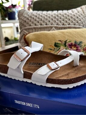 Birkenstock Mayari size 41 White Two-Strap Sandal with Rose Gold Buckles